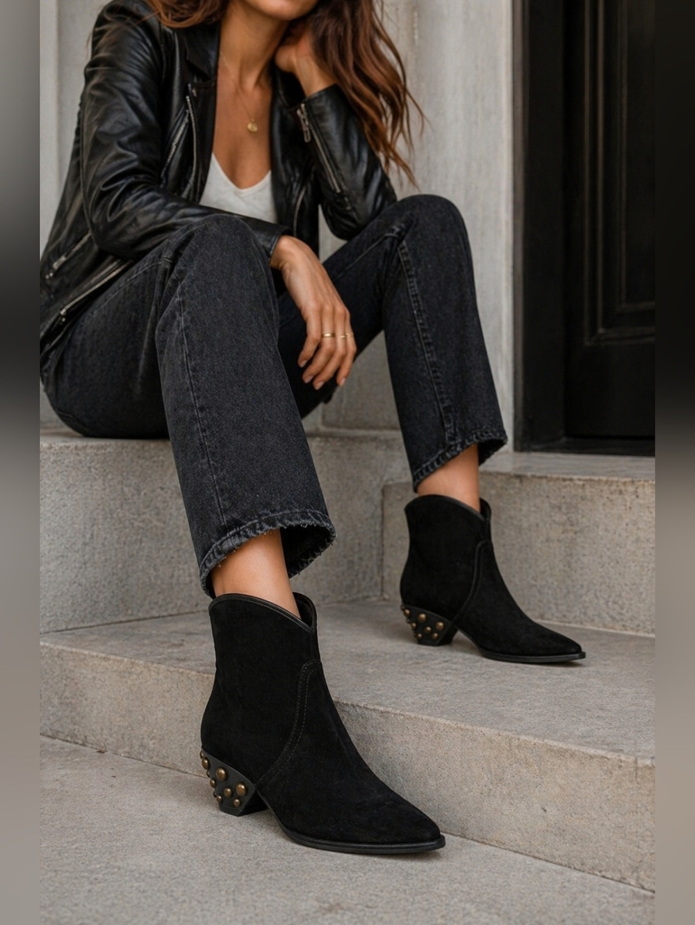 NEW Marc Fisher Rippa Womens Black Suede Gold Studded Ankle Boots Moto Western